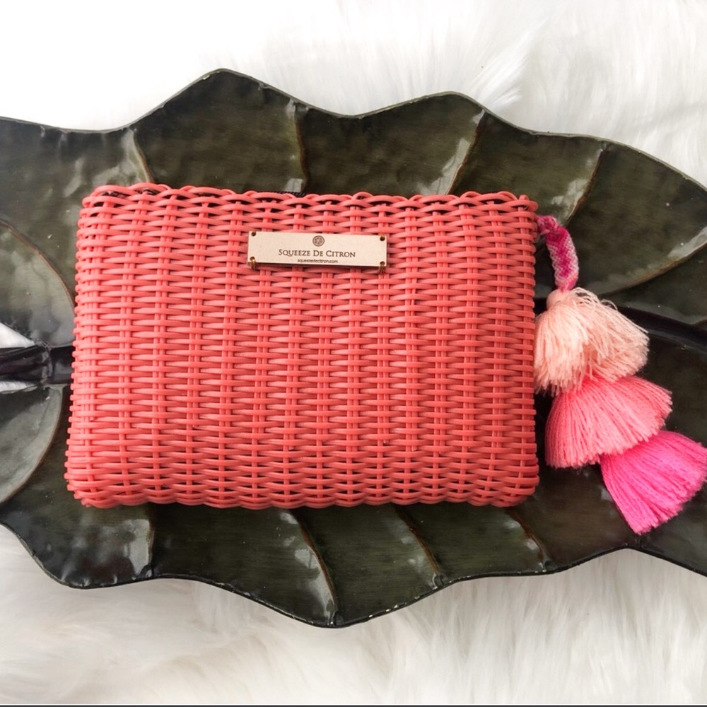Salmon Lemon Drop Citron Purse Clutch With Pompom
